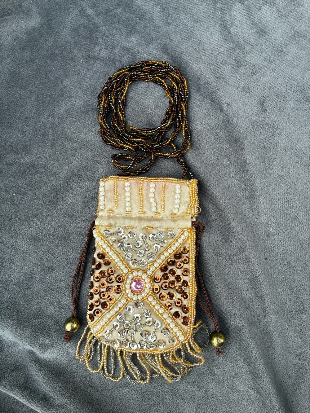 Embellished Gold and Brown Beaded Drawstring Crossbody Pouch